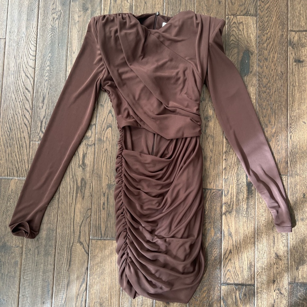 Zara Padded Shoulder Ruched Long Sleeve Dress